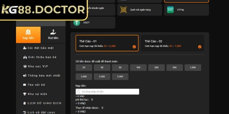 Nạp rút tiền KG88 với quy trình đơn giản, an toàn tuyệt đối
